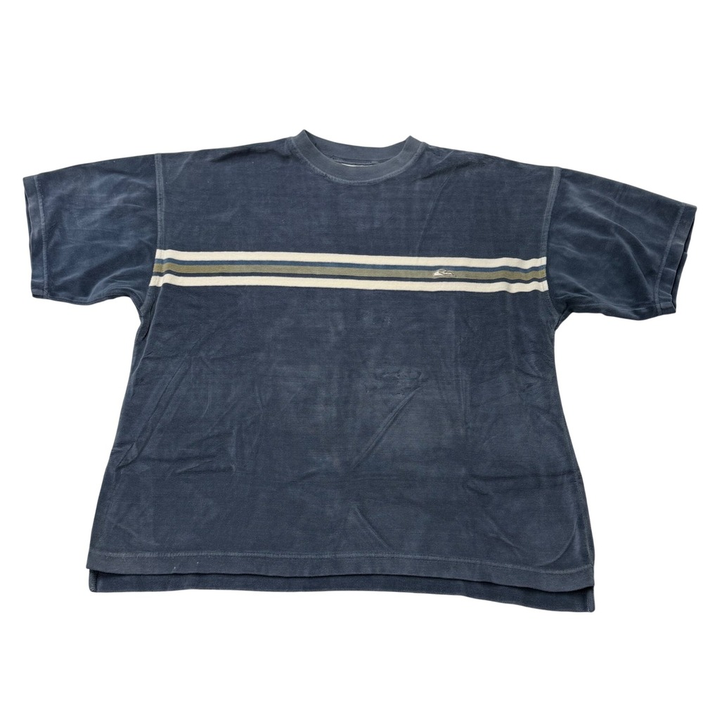 Vintage Quiksilver Velour T-Shirt Mens M Blue Striped Surf Skate Short Sleeve